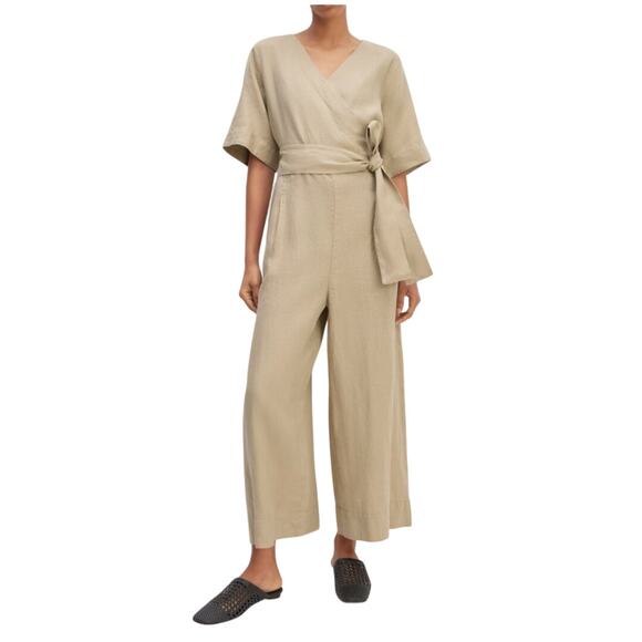 Everlane The Wrap Jumpsuit Linen Cropped Khaki Tan Wide Leg V Neck Small 6 - Picture 1 of 13